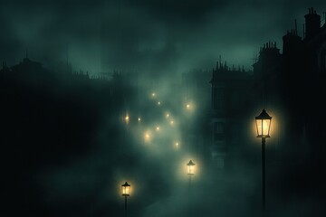 Dark urban landscape with a few glowing windows amidst a foggy atmosphere. Generative AI