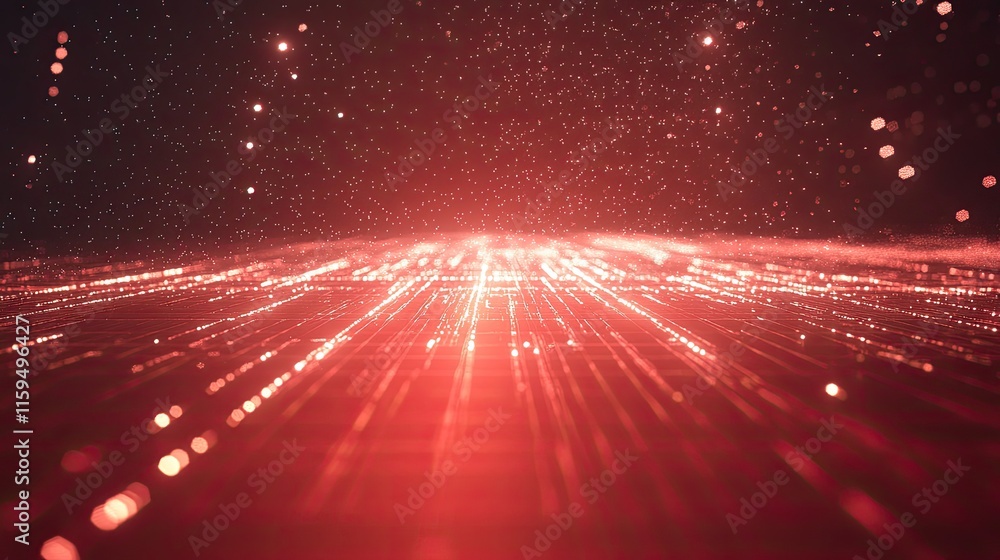 Poster red glowing lines and particles create a digital landscape