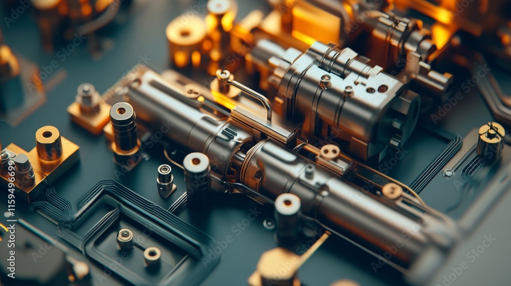 Aufkleber detailed macro shot of complex mechanical components and circuitry with a gold finish highlighting m