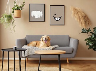 Modern Scandinavian living room with a gray sofa, wooden table, a calm dog resting on a blanket, black coffee tables, framed artwork on the walls, hanging 