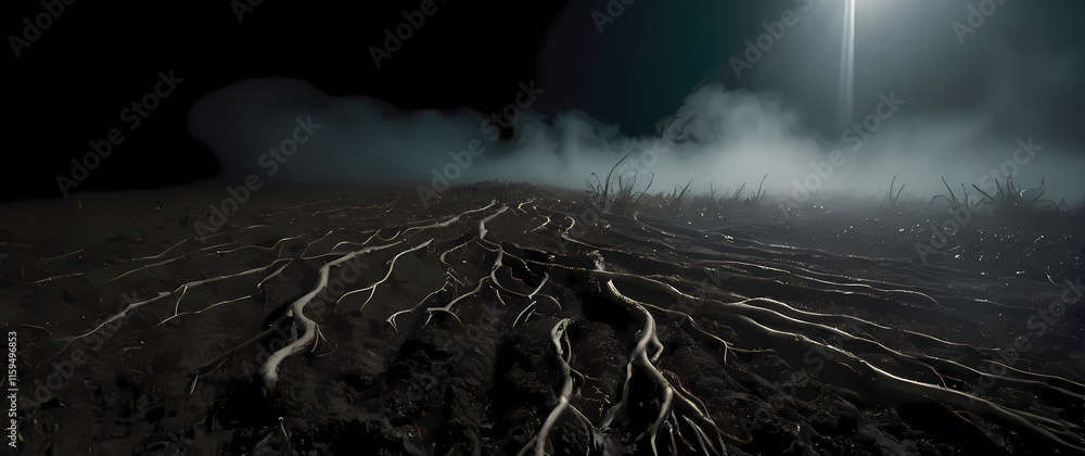 Wall mural shot of soil with tiny visible roots intertwining beneath the surface