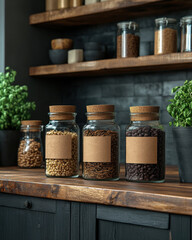 Glass jars with cork lids and labels on wooden kitchen counter with plants