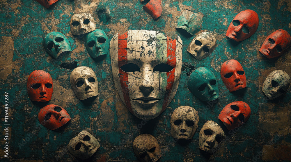 Poster dissociative identity disorder (did), a person's face appears on multiple scattered masks in this im