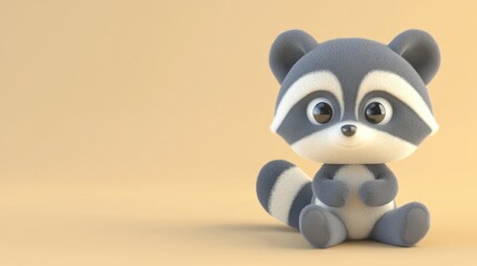 Obraz premium Adorable Cartoon Raccoon Sitting on Beige Background