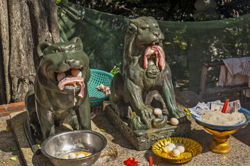 Offerings in the mouths of stone lions at Wat Phnom in Phnom Penh, Cambodia