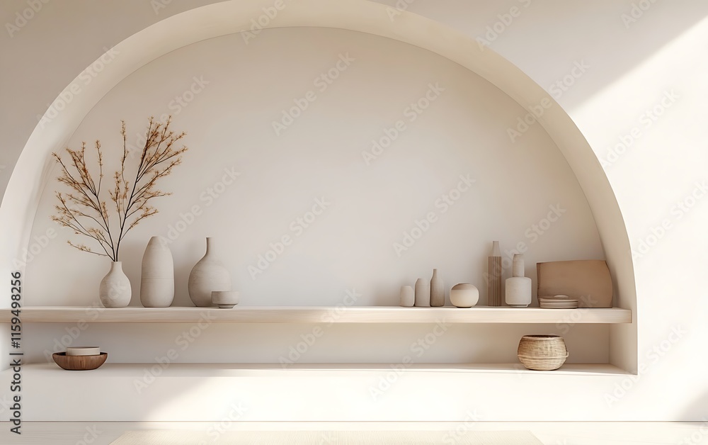 Poster modern white room with an arched shelf, showcasing subtle, neutral objects arranged to highlight ele