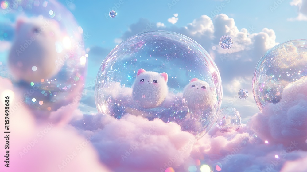 Poster two fluffy kittens inside bubbles float on clouds