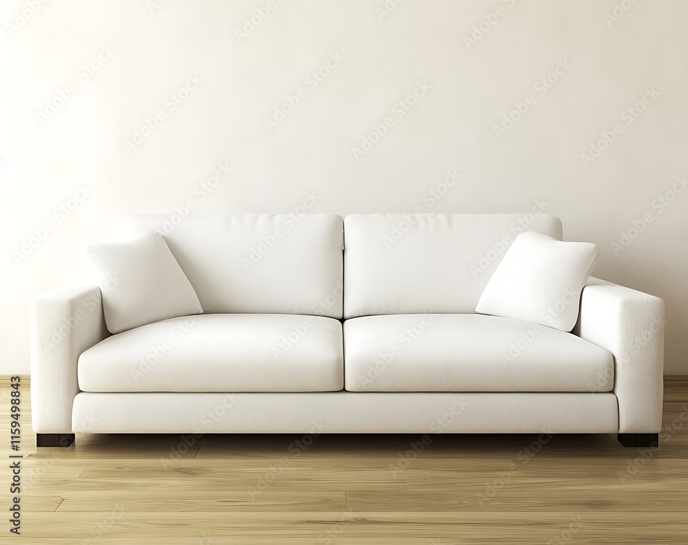 Poster modern white sofa in a minimal room, wooden floor blending with a white wall, 3d-rendered stock phot