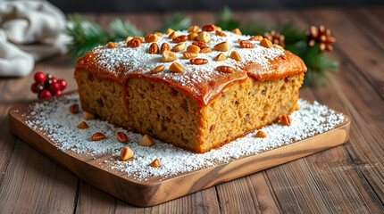 Delicious cake topped with nuts and powdered sugar, homemade dessert on wooden board, festive atmosphere, copy space