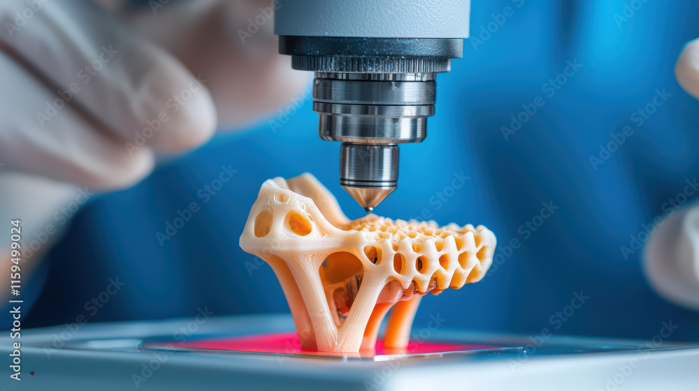 Poster close up of bioprinter creating custom bone structure with precision. intricate details highlight ad