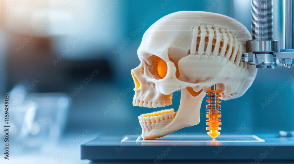 Poster close up of 3d printer creating detailed skull model, showcasing advanced technology and precision i