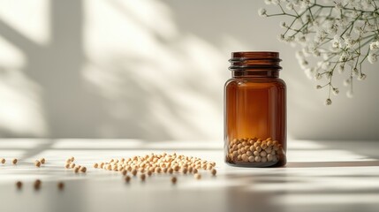 Amber Bottle of Homeopathic Pellets in Sunlight