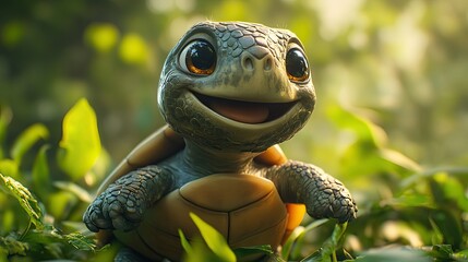 Adorable Baby Turtle in Lush Greenery