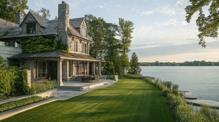Fototapeta premium Stone House Lakeside Garden Tranquil Setting
