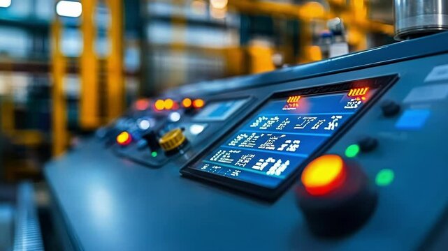 A detailed shot of a programmable logic controller PLC featuring illuminated buttons and digital displays that monitor factory automation processes in real time.