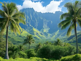 Fototapeta premium Lush Tropical Landscape With Palm Trees And Majestic Mountains