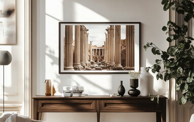 Simple white poster framed in dark oak, set against an image of Roman ruins with towering columns, symbolizing the architectural legacy of ancient Rome 