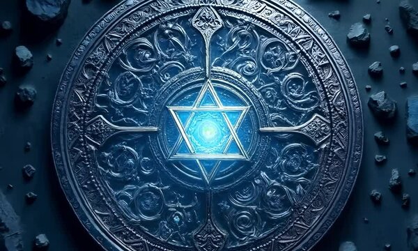 Charming blue mystical coin with star of david on ancient background, perfect for digital art
