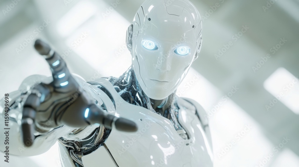 Poster futuristic humanoid robot with glowing features reaching out, representing advanced technology, arti