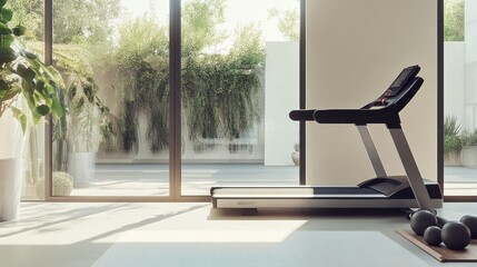 Elegant minimalist home gym with minimal decor. Featuring clean lines and a functional layout