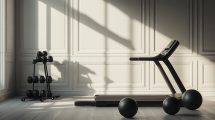 Elegant minimalist home gym with minimal decor. Featuring clean lines and a functional layout