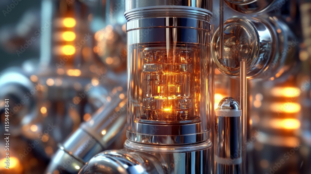 Poster futuristic industrial design featuring illuminated mechanical components with shiny surfaces and int