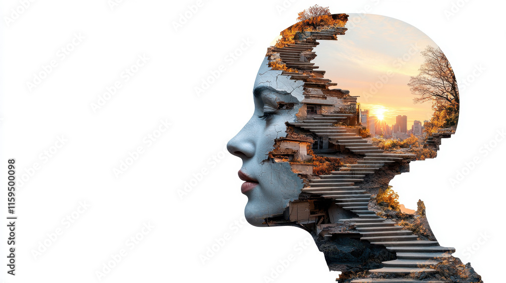 Poster dissociative identity disorder (did), a surreal image of a staircase spiraling inside a head, symbol