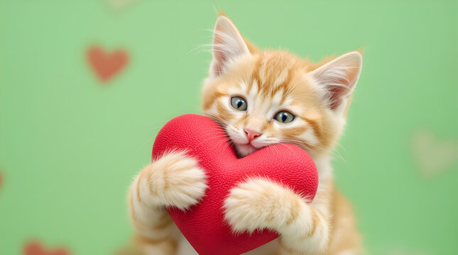 Valentine's day with Ginger kitten hugging toy red heart. Cute cat on green background. - Powered by Adobe