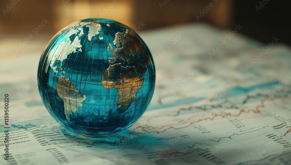 Poster a transparent globe showing continents rests on financial documents filled with graphs and data, sym