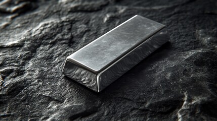 A silver bar is sitting on a black rock