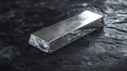 A silver bar sits on a black surface. The bar is shiny and reflective, and it is made of metal