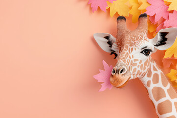 pastel giraffe with vibrant leaves against soft peach background creates whimsical and playful atmosphere