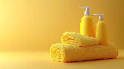 Yellow Bath Products And Rolled Towel On Yellow Background