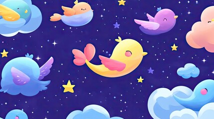Colorful Birds Flying Amongst Stars and Clouds