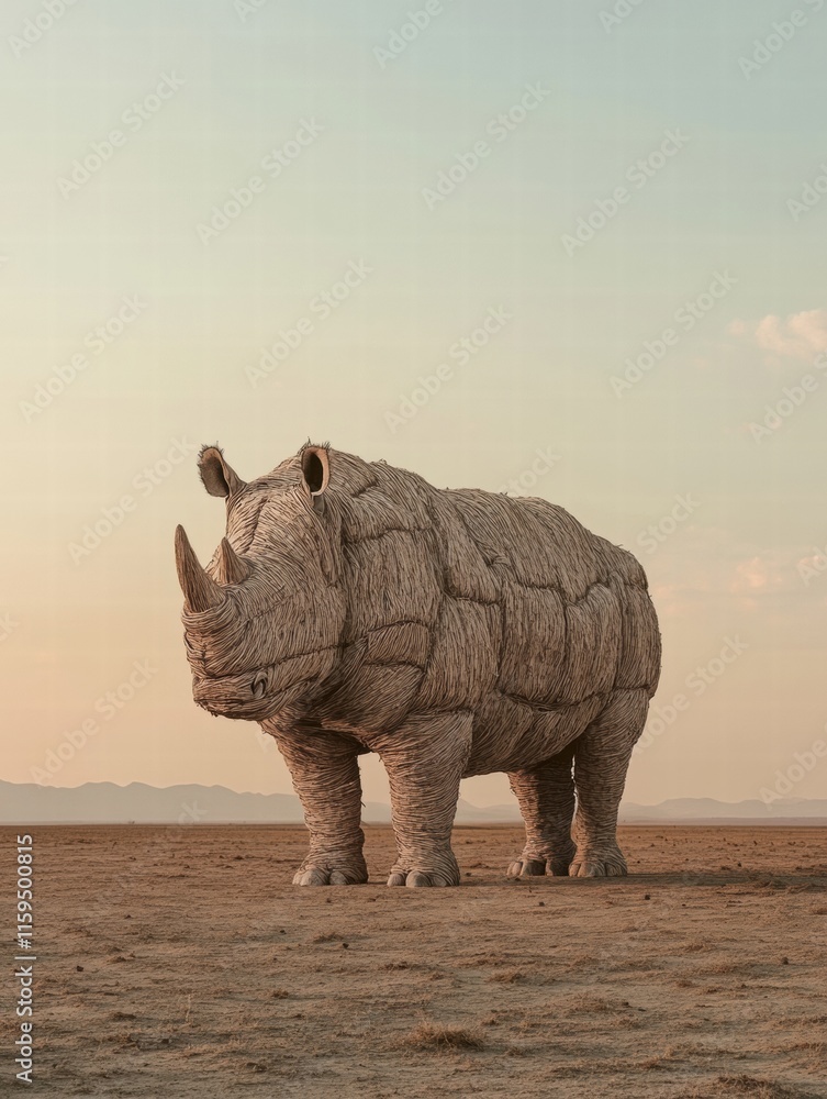 Poster close up view of a rhino standing in a barren savanna at sunset with ample space for text overlay. g