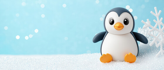 Obraz premium cute pastel penguin figure sitting on snowy surface with blue background