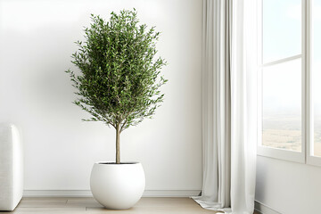 Minimalist decor featuring a tall green tree in a white pot against a white wall