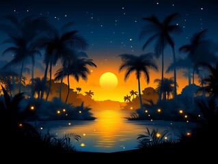 Tropical Sunset Scene Palm Trees Lake Firefly Lights