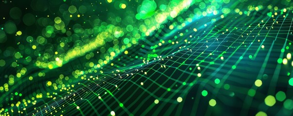 Abstract digital background featuring a green grid with glowing particles and bokeh effects on a dark backdrop. The layered composition creates a sense of depth, flow, and futuristic energy