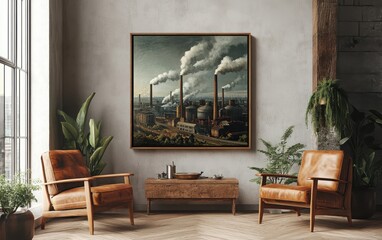 White canvas framed in natural wood, displayed with an image of an early 20th-century industrial factory with smokestacks and workers