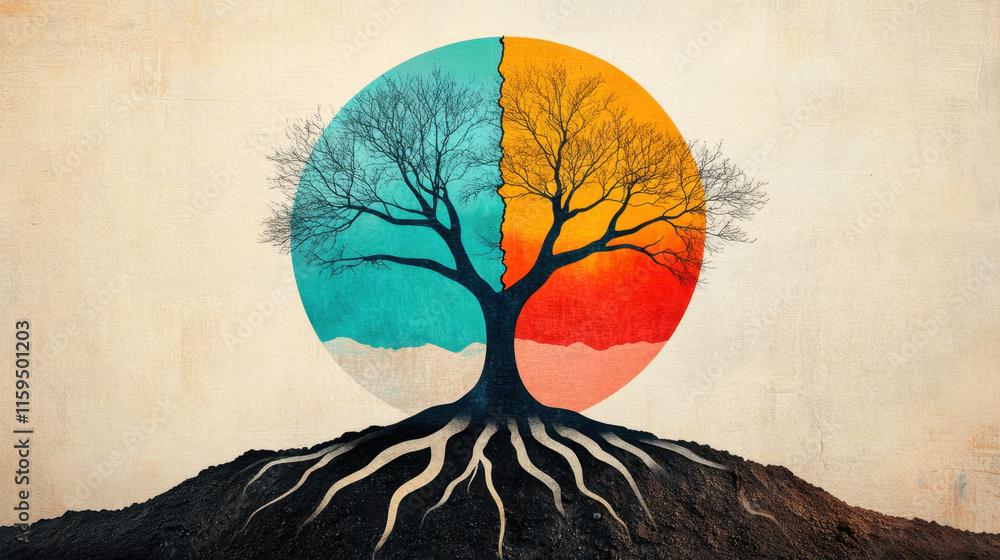 Poster dissociative identity disorder (did), a serene image of a tree with pastel-colored roots branching o