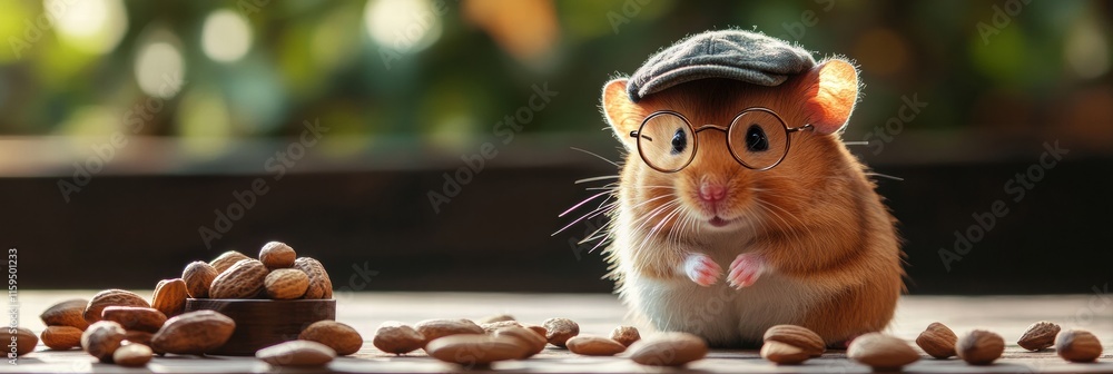 Aufkleber hamster wearing glasses and a cap enjoys snacks in a cozy indoor setting with soft natural lighting.