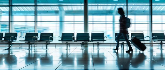 Silhouette of a woman pulling a suitcase in a modern airport terminal with glass windows, blue accents, reflective flooring, and rows of empty seats