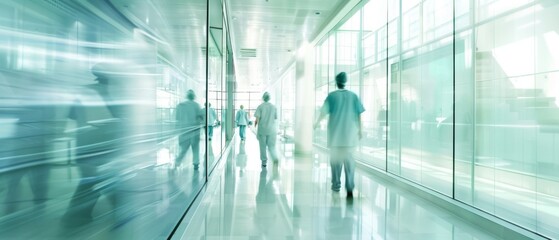 A modern hospital hallway with glass walls and reflective floors. Medical staff in motion emphasize a clean, bright, and efficient healthcare environment