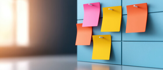 Colorful sticky notes on blue board create organized workspace atmosphere