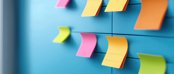Colorful sticky notes on blue board create organized workspace atmosphere