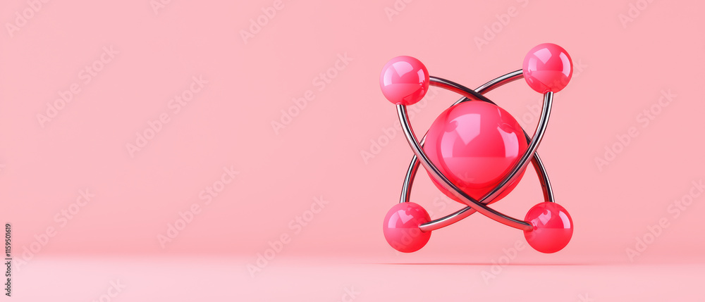 Poster close up of 3d atom model with pink spheres and metallic structure, symbolizing science and chemistr