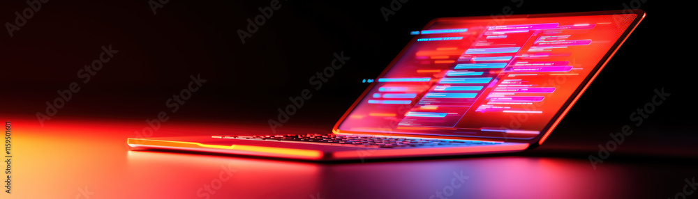 Poster close up of laptop displaying colorful code on screen, showcasing technology and programming