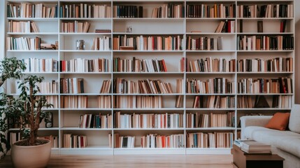 Elegant minimalist home library with minimal decor. Featuring clean lines and a refined design