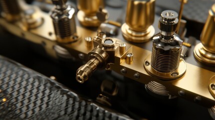 High-Detail Macro Shot of Luxurious Brass Components on a Vintage Engine, Showcasing Intricate Design and Craftsmanship in Machine Technology